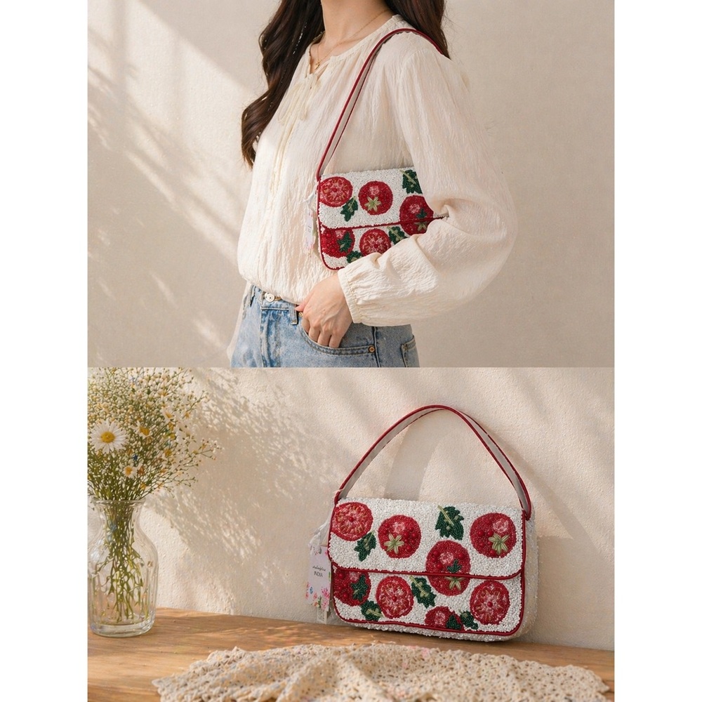 Beaded Tomato Shoulder Bag NWT India Handmade Short Strap Cute Vintage Style